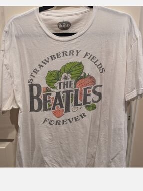 The Beatles Strawberry Fields 100% Cotton Black Logo on White Tee 1x